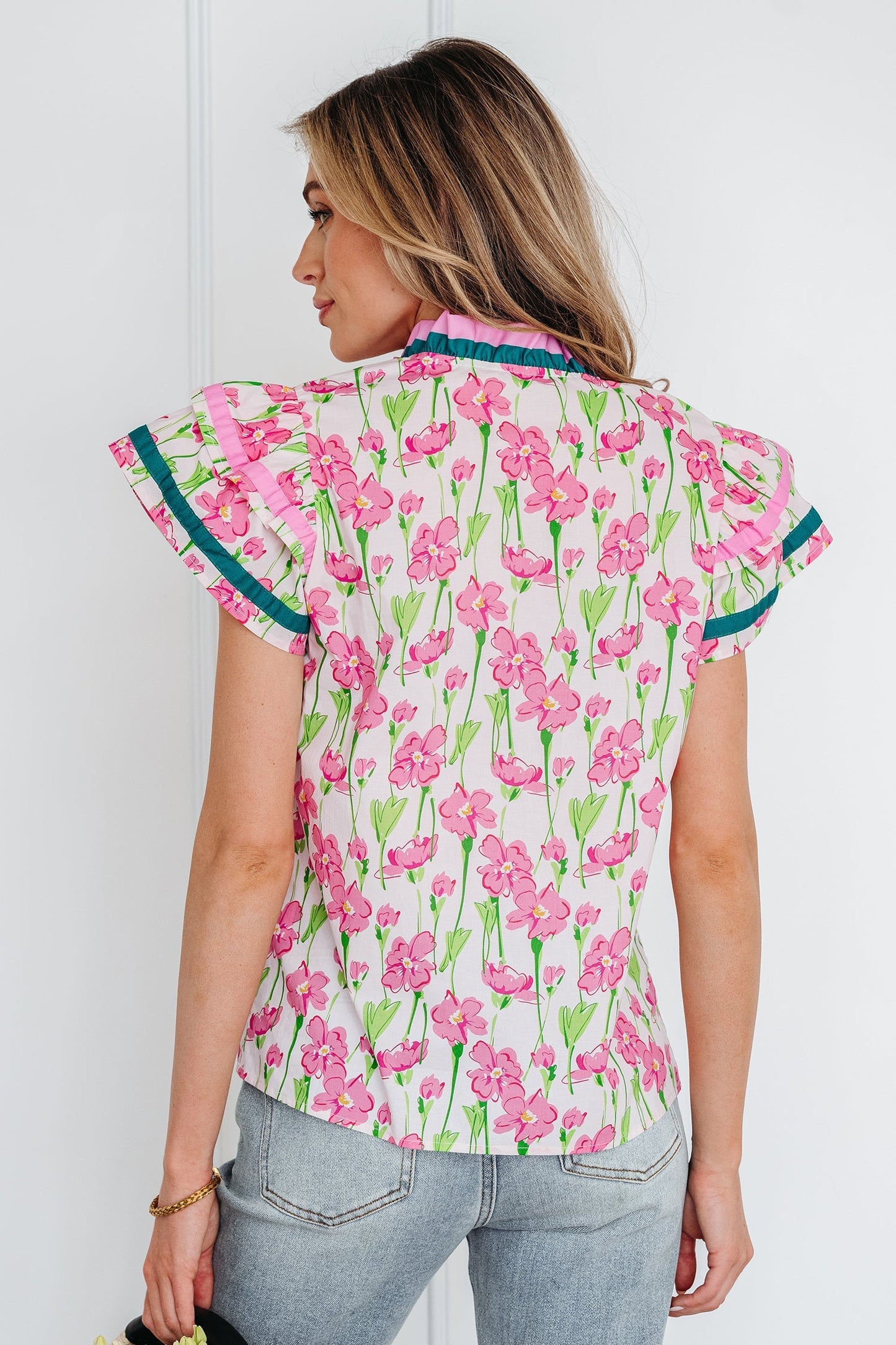 Threaded Pear Elyse Ruffled Short Sleeve Blouse