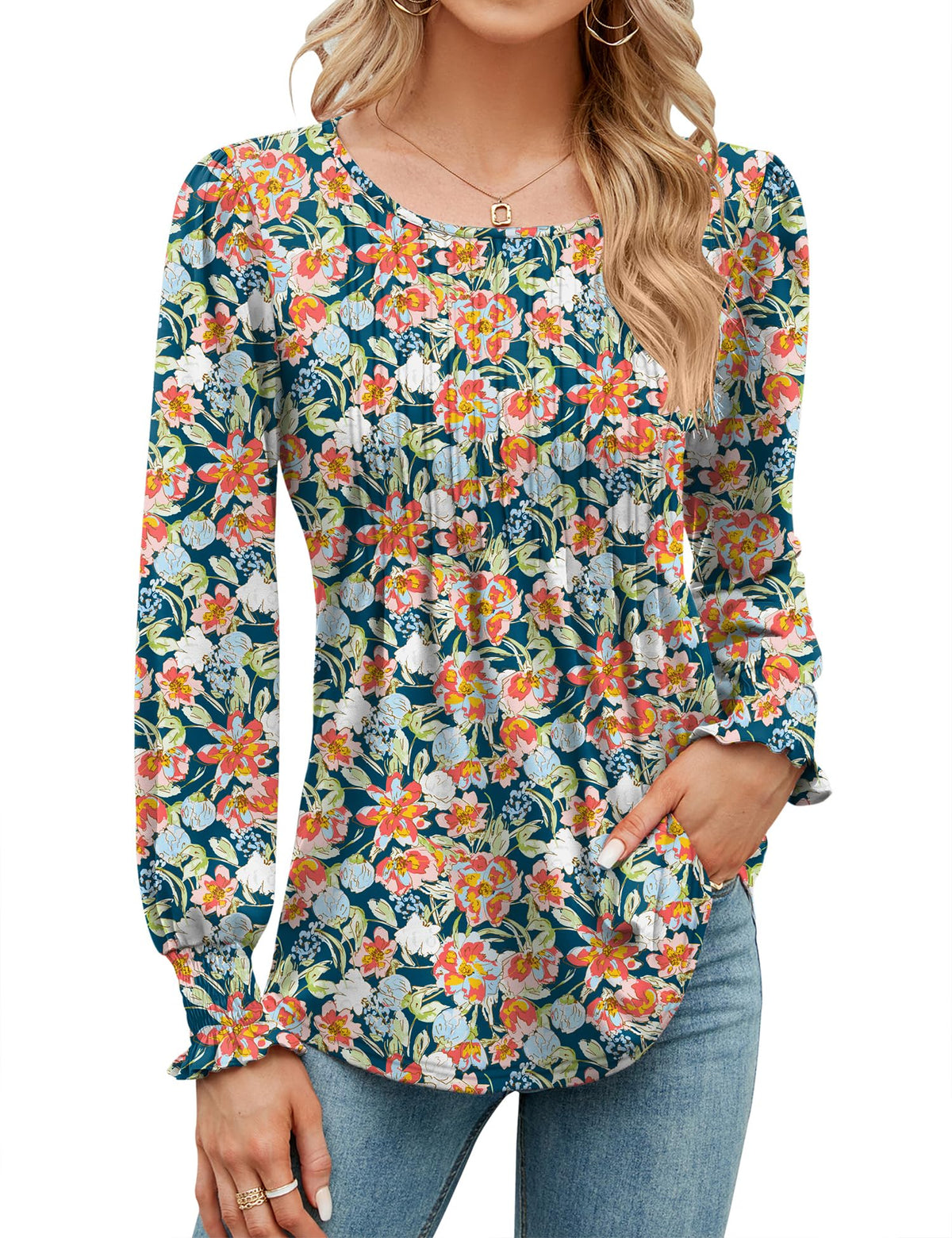 ✨Puff Long Sleeve Pleated Crew Neck Tunic Top