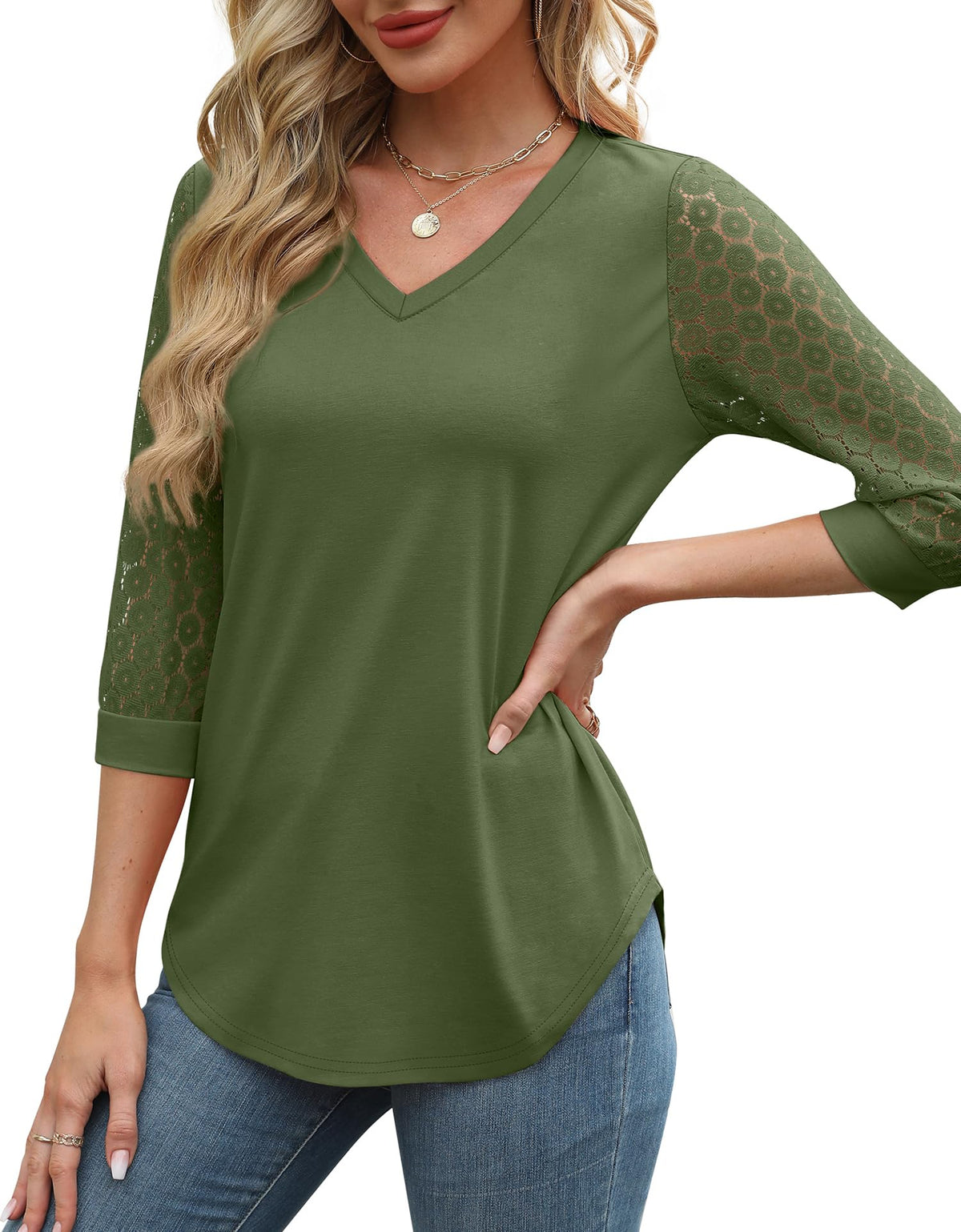 Womens 3/4 Length Sleeve V-Neck Lace Tunic Tops Business Casual Blouses