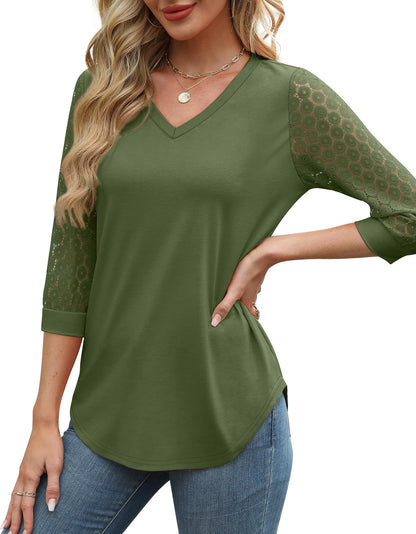 Womens 3/4 Length Sleeve V-Neck Lace Tunic Tops Business Casual Blouses