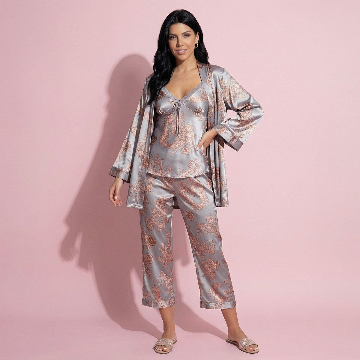 Anna-Kaci Lounge Women's 3-Piece Set Satin Baroque Print Pajama Cami with Matching Robe and Relaxed Straight-Leg Pants