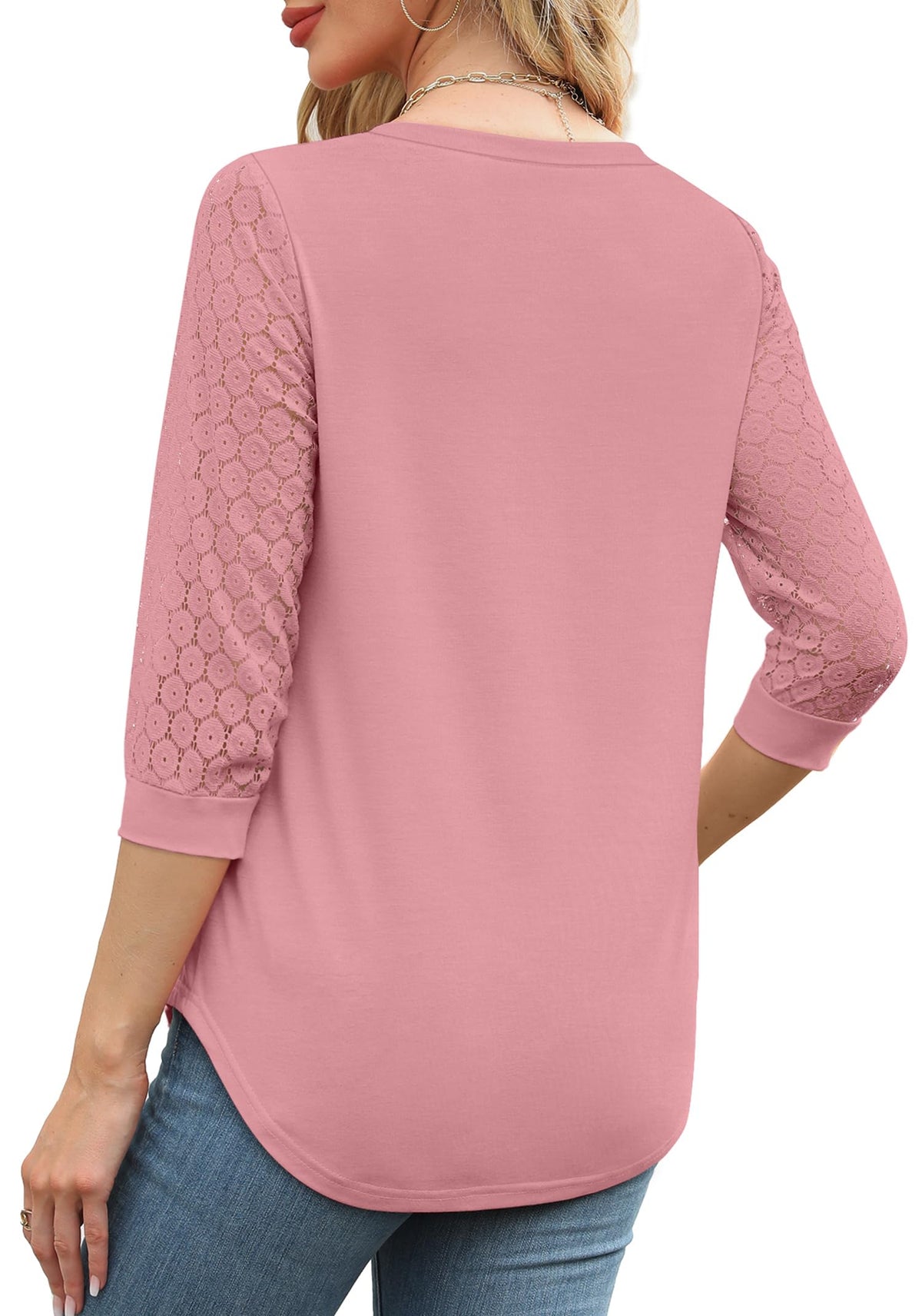 Womens 3/4 Length Sleeve V-Neck Lace Tunic Tops Business Casual Blouses