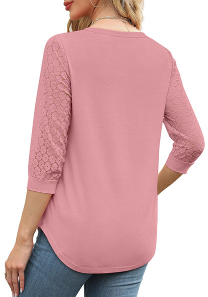 Womens 3/4 Length Sleeve V-Neck Lace Tunic Tops Business Casual Blouses