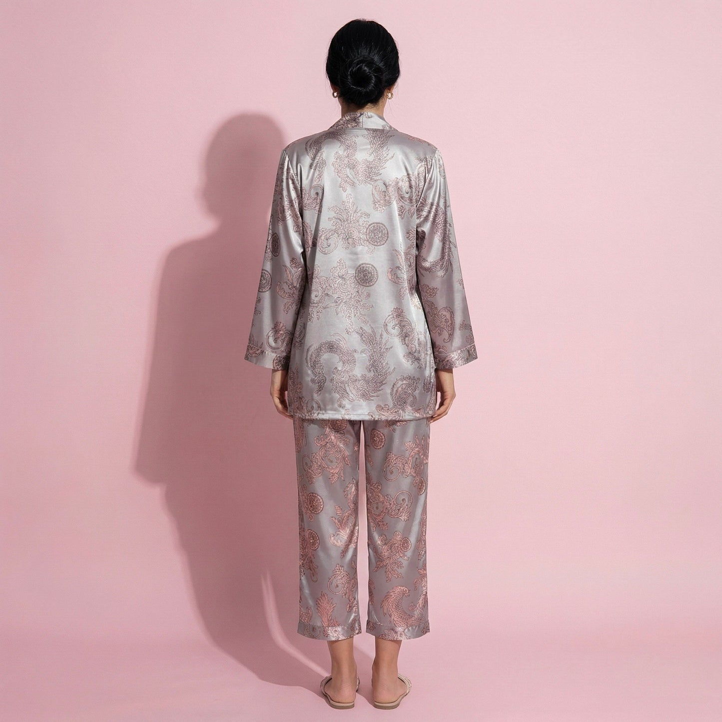 Anna-Kaci Lounge Women's 3-Piece Set Satin Baroque Print Pajama Cami with Matching Robe and Relaxed Straight-Leg Pants
