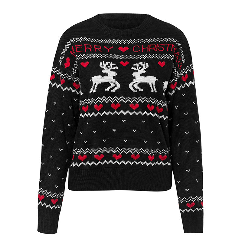 Cute Elk Heart Print Christmas Sweater | Women’s Fashion Heart Pattern Pullover | Festive Reindeer Knitted Winter Top | Sweet Holiday Aesthetic Jumper