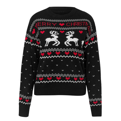 Cute Elk Heart Print Christmas Sweater | Women’s Fashion Heart Pattern Pullover | Festive Reindeer Knitted Winter Top | Sweet Holiday Aesthetic Jumper