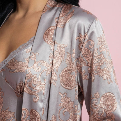 Anna-Kaci Lounge Women's 3-Piece Set Satin Baroque Print Pajama Cami with Matching Robe and Relaxed Straight-Leg Pants