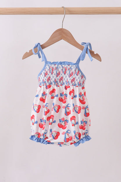 Blue cherry smocked ruffle bubble