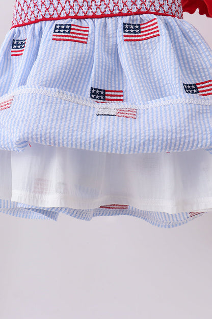 Blue flag embroidery seersucker ruffle shorts set