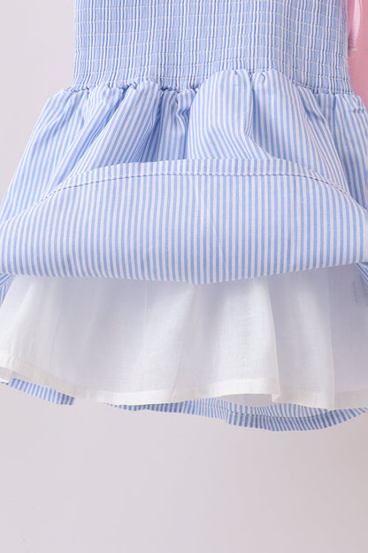 Blue Stripe Bow Smocked Ruffle Shorts Set