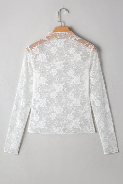 Threaded Pear Myla Sheer Floral Lace Mesh Mock Neck Long Sleeve Top