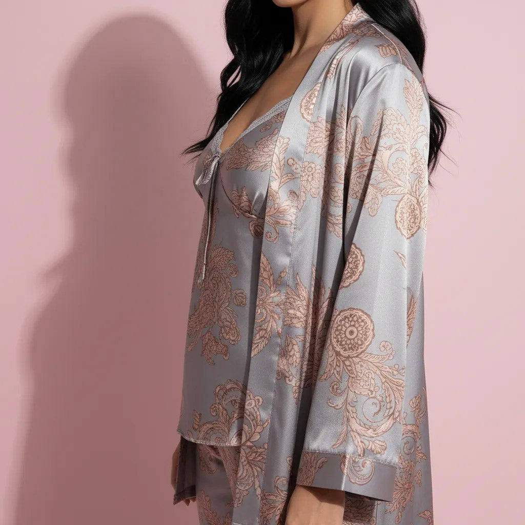 Anna-Kaci Lounge Women's 3-Piece Set Satin Baroque Print Pajama Cami with Matching Robe and Relaxed Straight-Leg Pants