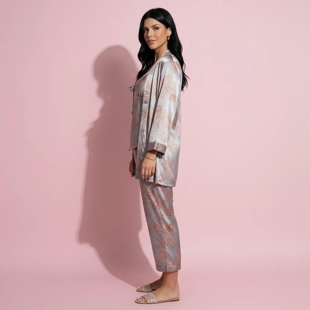 Anna-Kaci Lounge Women's 3-Piece Set Satin Baroque Print Pajama Cami with Matching Robe and Relaxed Straight-Leg Pants