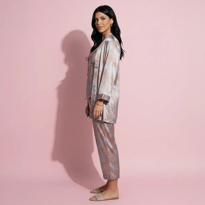Anna-Kaci Lounge Women's 3-Piece Set Satin Baroque Print Pajama Cami with Matching Robe and Relaxed Straight-Leg Pants