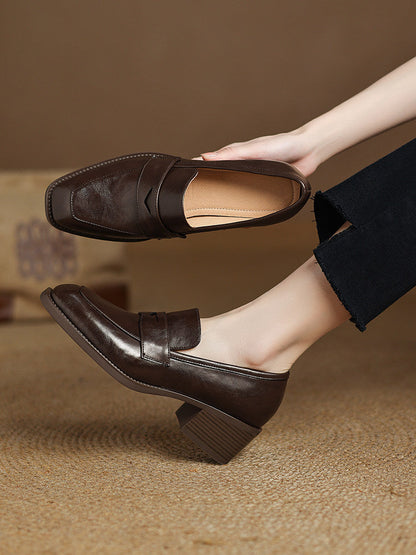 Women’s Retro Square-Toe Chunky Heel Loafers | Elegant Deep-Mouth Block Heel Pumps | Professional Vintage Office Shoes for Women | Comfortable High-Sense Leather Style Slip-Ons