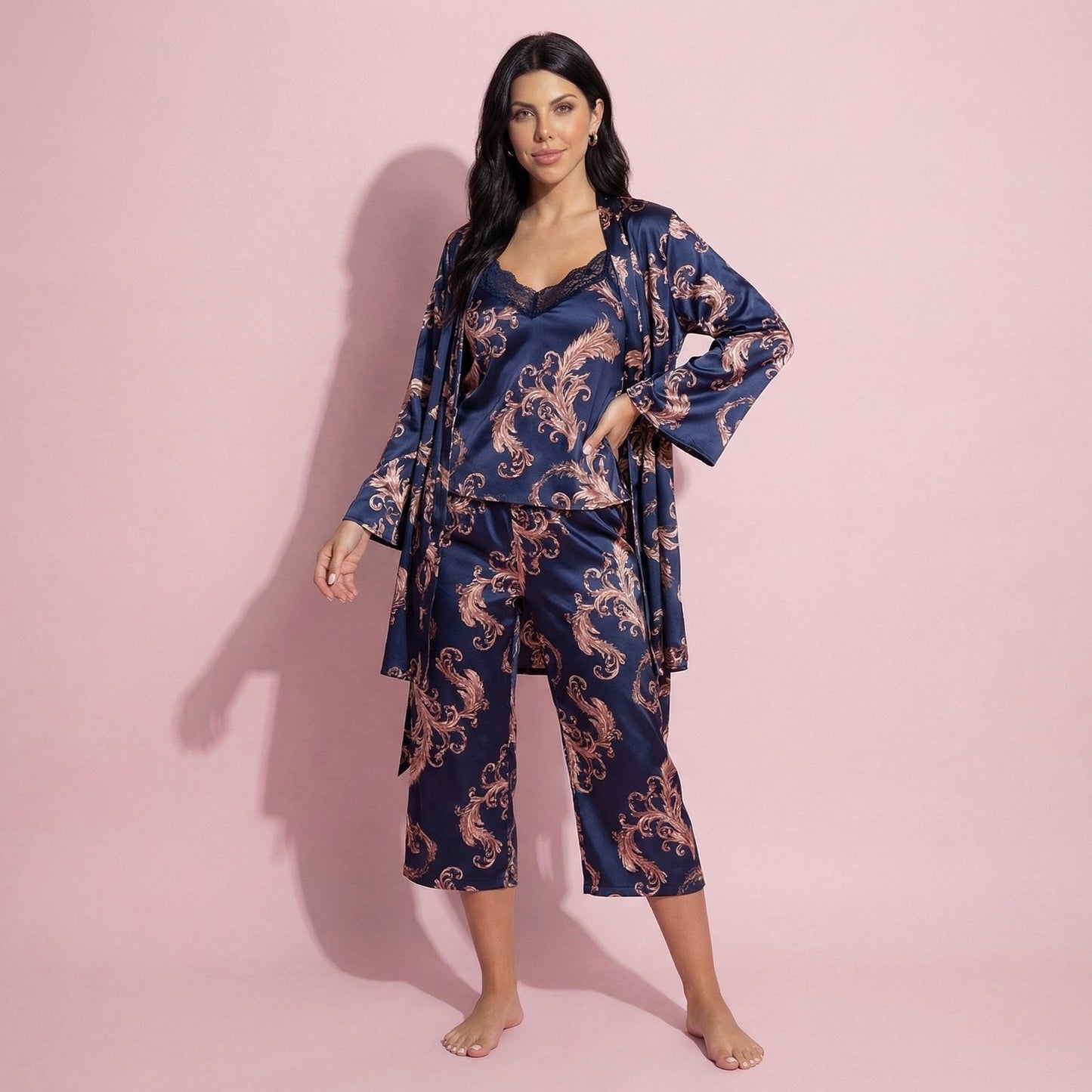 Anna-Kaci Lounge Women's 3-Piece Set Satin Baroque Print Pajama Cami with Matching Robe and Relaxed Straight-Leg Pants