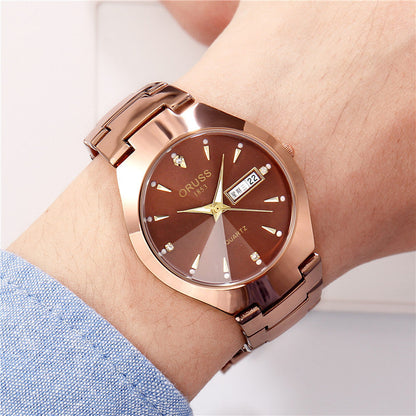 Tungsten Steel Color Waterproof Quartz Watch | Elegant Couple’s Calendar Wristwatch | Fashionable Student Daily Wear Watch | Trendy Minimalist Steel Watch for Men & Women | 2026 High-Fashion Precision Timepiece
