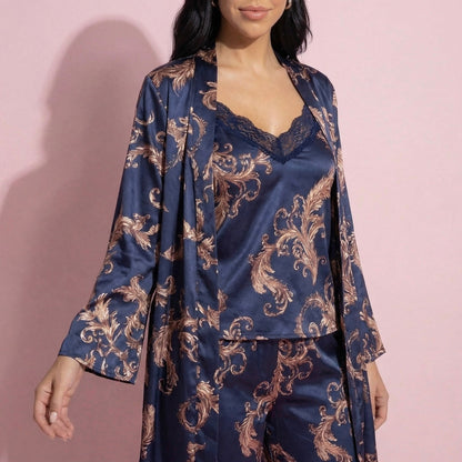 Anna-Kaci Lounge Women's 3-Piece Set Satin Baroque Print Pajama Cami with Matching Robe and Relaxed Straight-Leg Pants