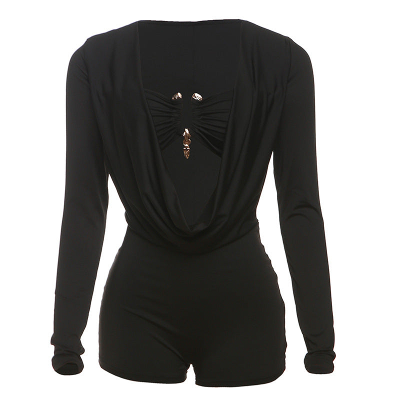 Spring Summer New Individual Street Deep V Low Cut Solid Color Slim Fit Bodycon Jumpsuit