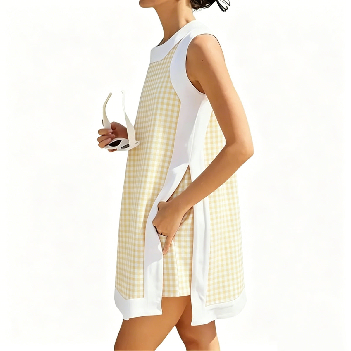 Gingham Plaid Color Block Sleeveless Tunic Top & Pocket High Waist Shorts 2 Piece Set