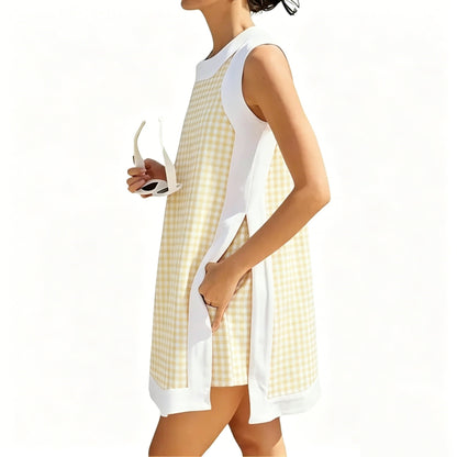 Gingham Plaid Color Block Sleeveless Tunic Top & Pocket High Waist Shorts 2 Piece Set