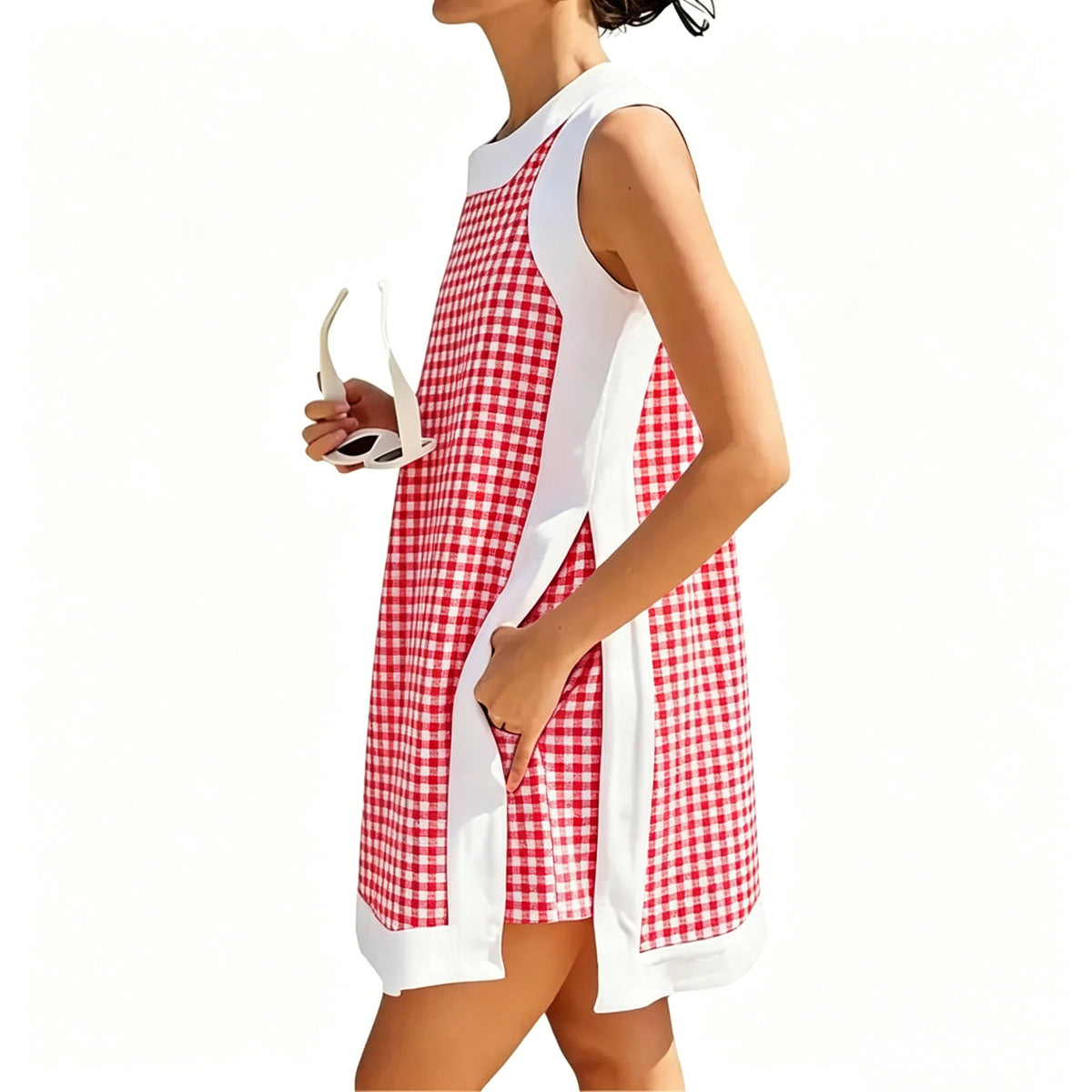 Gingham Plaid Color Block Sleeveless Tunic Top & Pocket High Waist Shorts 2 Piece Set