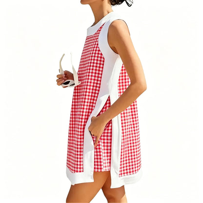 Gingham Plaid Color Block Sleeveless Tunic Top & Pocket High Waist Shorts 2 Piece Set