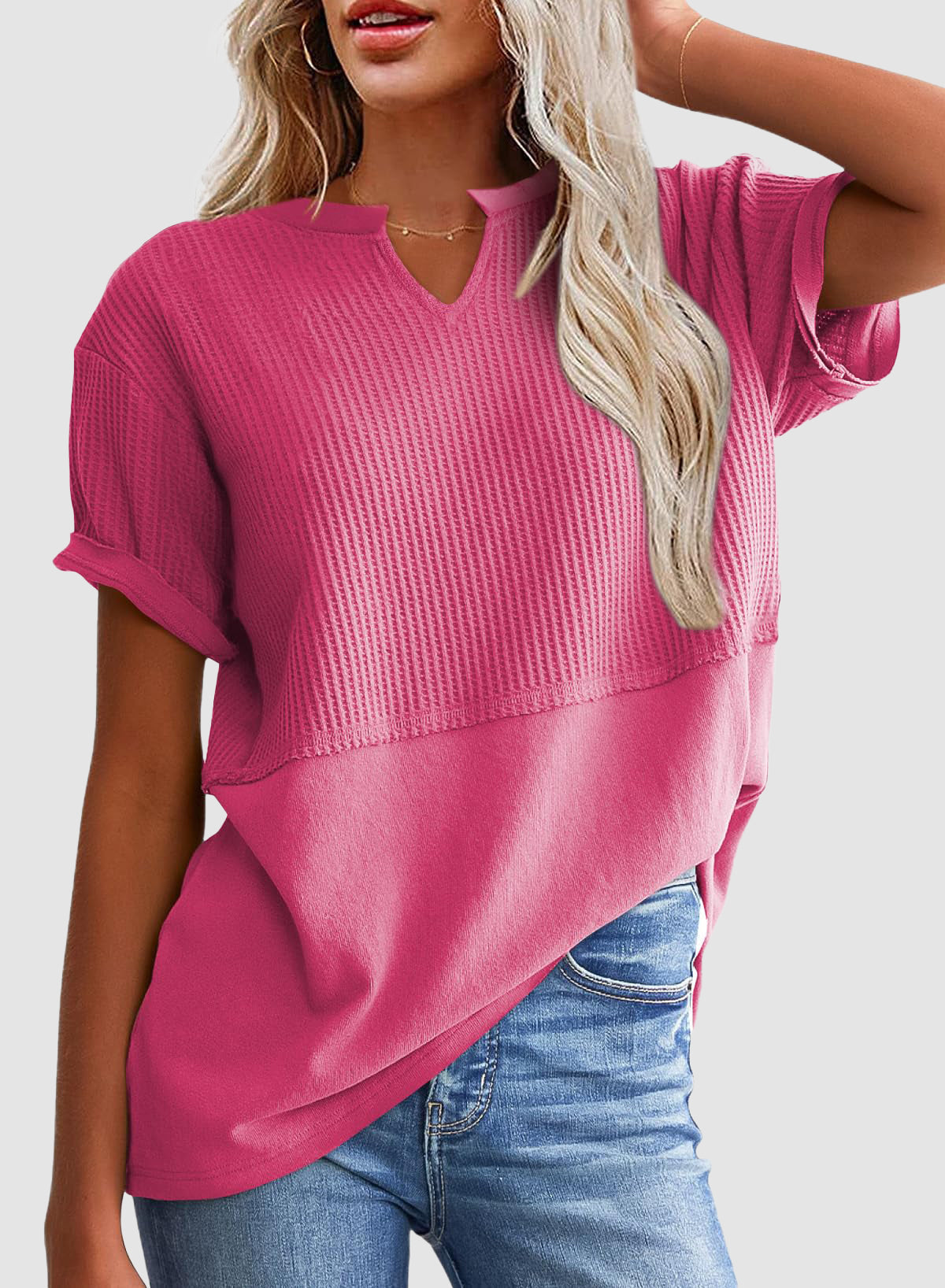 ✨Women's Casual V Neck Waffle Knit Tops Short Sleeve T Shirts