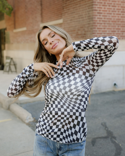 Checkered Mesh Long Sleeve Top - Black