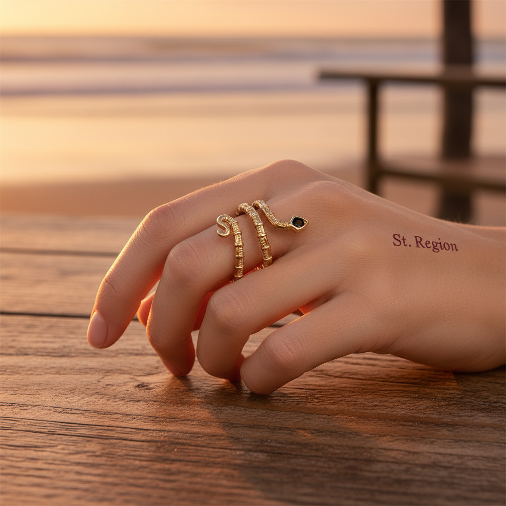 Black Cubic Zirconia & Goldtone Snake Layered Open Ring