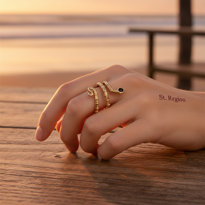 Black Cubic Zirconia & Goldtone Snake Layered Open Ring