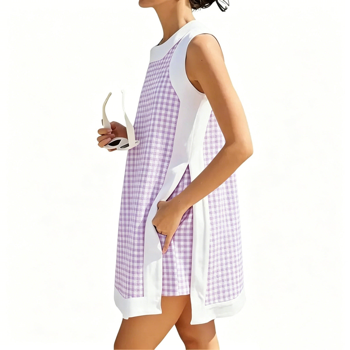 Gingham Plaid Color Block Sleeveless Tunic Top & Pocket High Waist Shorts 2 Piece Set