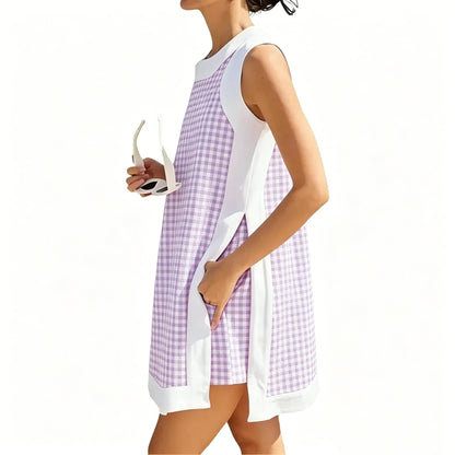 Gingham Plaid Color Block Sleeveless Tunic Top & Pocket High Waist Shorts 2 Piece Set