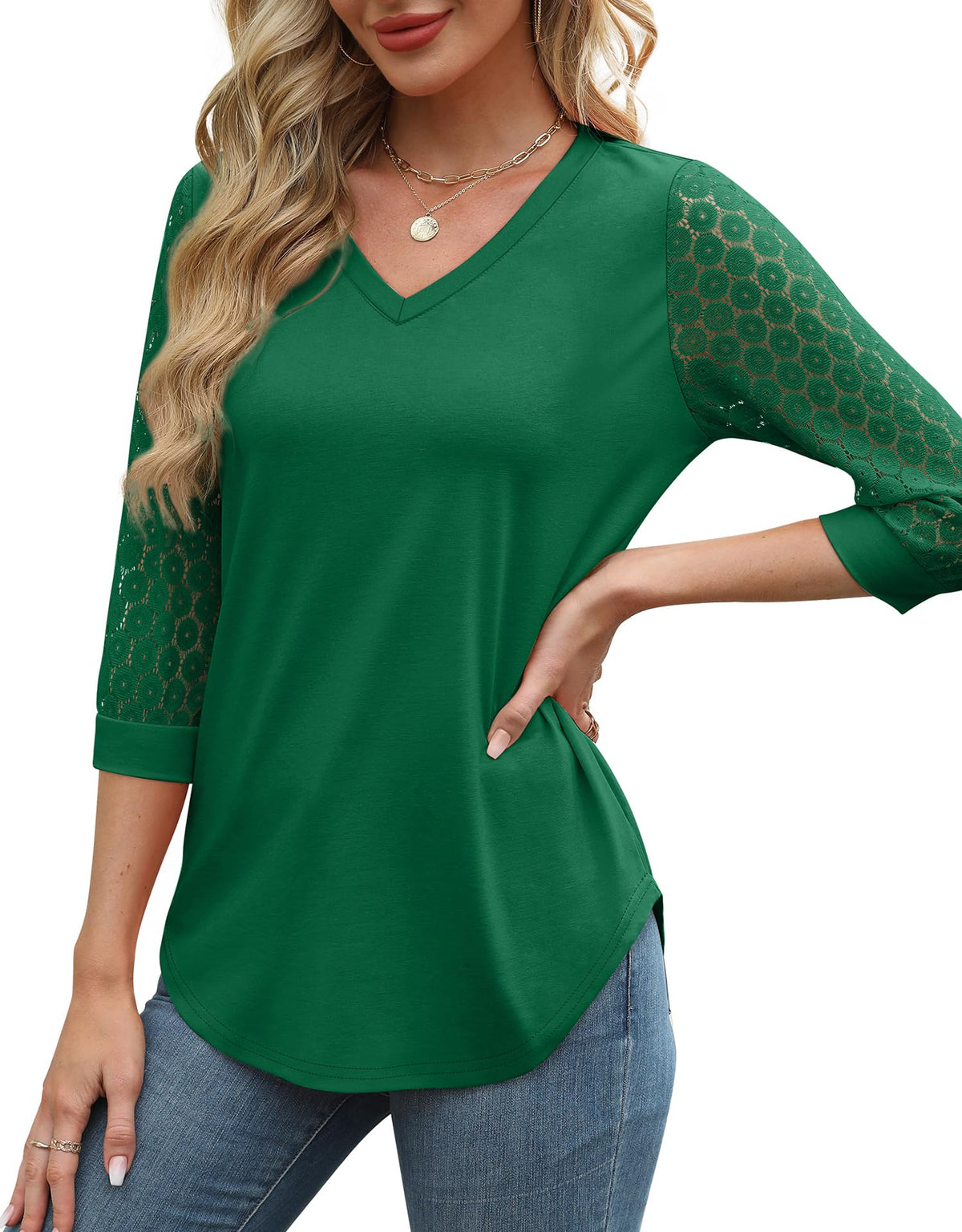 Womens 3/4 Length Sleeve V-Neck Lace Tunic Tops Business Casual Blouses