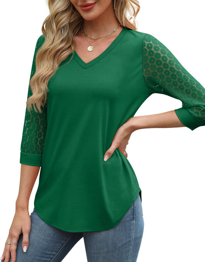 Womens 3/4 Length Sleeve V-Neck Lace Tunic Tops Business Casual Blouses