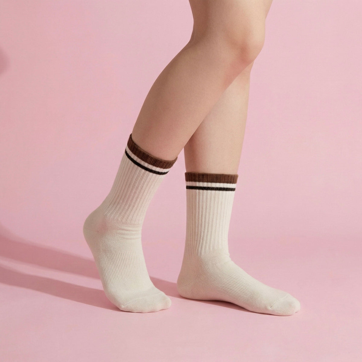 Anna-Kaci Women's 4-Pack Ribbed Crew Socks with Double Stripe Cuff Soft Stretch Fit in Neutral Tones