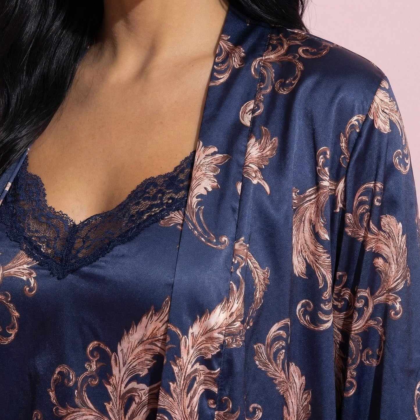Anna-Kaci Lounge Women's 3-Piece Set Satin Baroque Print Pajama Cami with Matching Robe and Relaxed Straight-Leg Pants