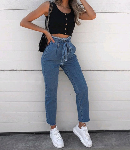 High-Waisted Washed Pencil Jeans | European & American Temperament Denim | Plus Size Slimming Stretch Pencil Pants | Spring Fashion Washed Denim for Women