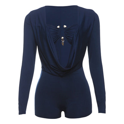 Spring Summer New Individual Street Deep V Low Cut Solid Color Slim Fit Bodycon Jumpsuit