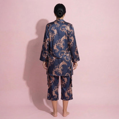 Anna-Kaci Lounge Women's 3-Piece Set Satin Baroque Print Pajama Cami with Matching Robe and Relaxed Straight-Leg Pants