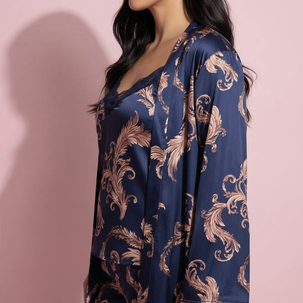 Anna-Kaci Lounge Women's 3-Piece Set Satin Baroque Print Pajama Cami with Matching Robe and Relaxed Straight-Leg Pants