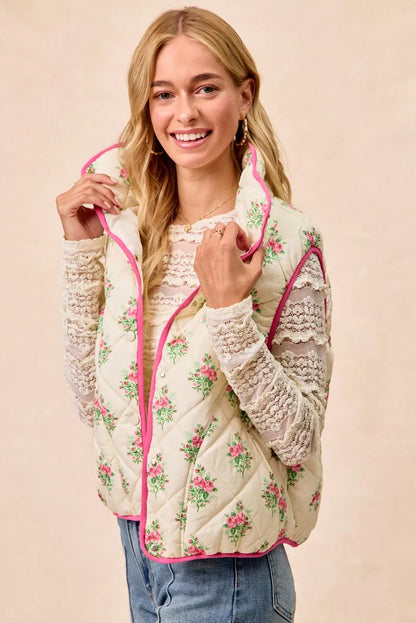 BiBi Floral Print Piping Detail Quilted Vest