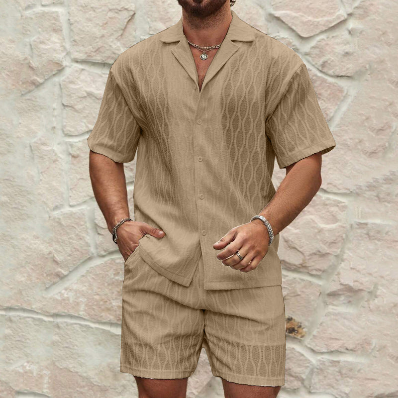 Men’s Summer Fashion Two-Piece Tracksuit | High-Sense Solid Loose Casual Lapel Shirt & Shorts | Trendy Minimalist Beach Holiday Outfit | Luxury-Label Statuesque Radiant Resort Wear | 2026 High-Fashion Emerald-Luxe Essential