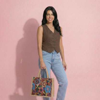 Anna-Kaci Women's Floral Sackcloth Tote Bag-Lightweight Handbag