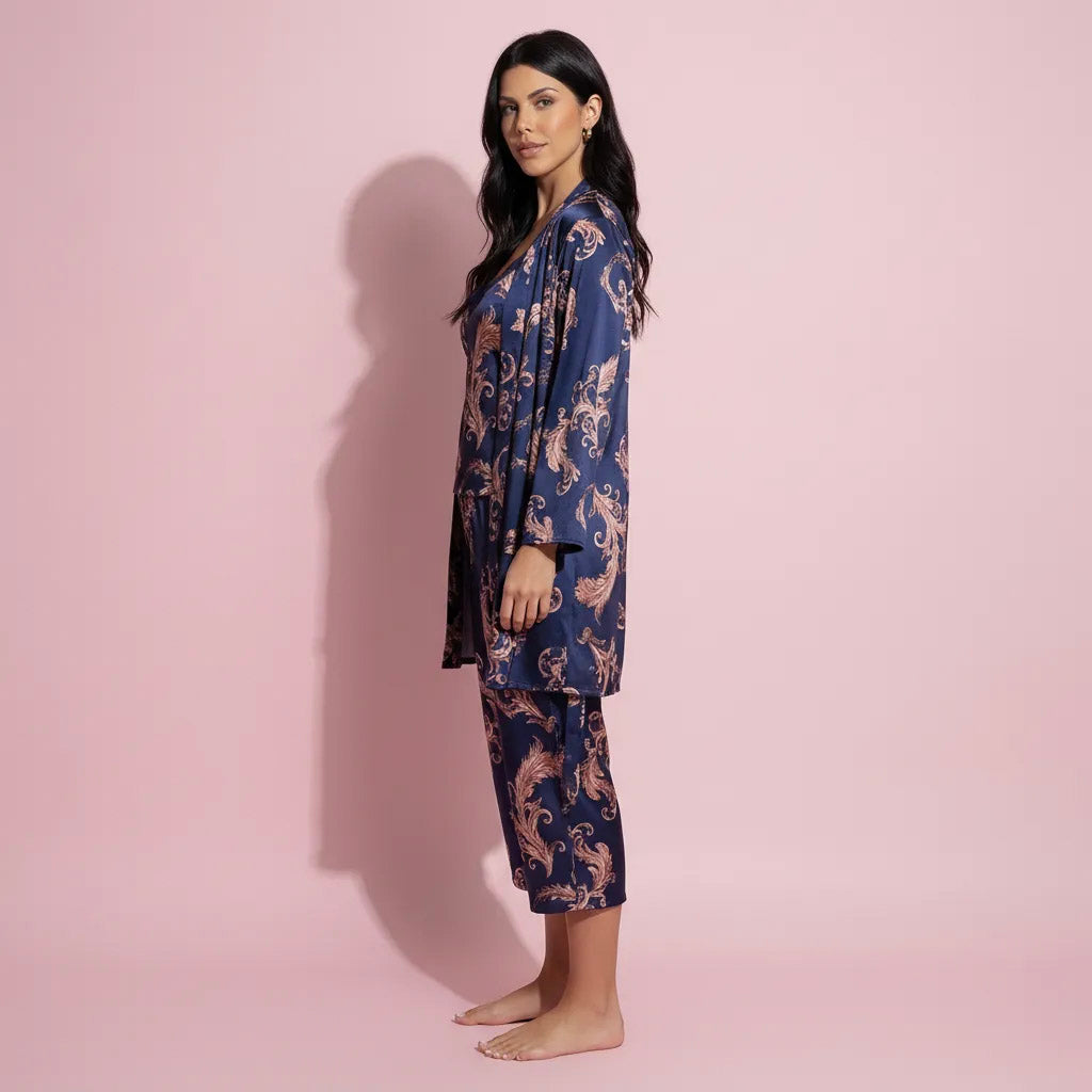 Anna-Kaci Lounge Women's 3-Piece Set Satin Baroque Print Pajama Cami with Matching Robe and Relaxed Straight-Leg Pants