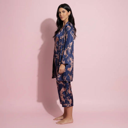 Anna-Kaci Lounge Women's 3-Piece Set Satin Baroque Print Pajama Cami with Matching Robe and Relaxed Straight-Leg Pants
