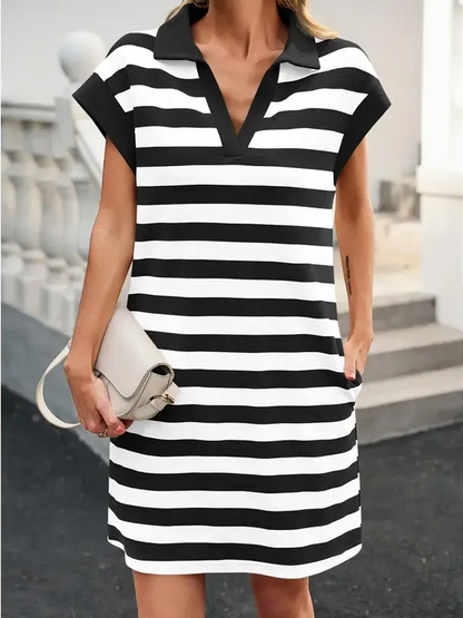 Women's V-neck Striped Short-sleeved Straight Dress