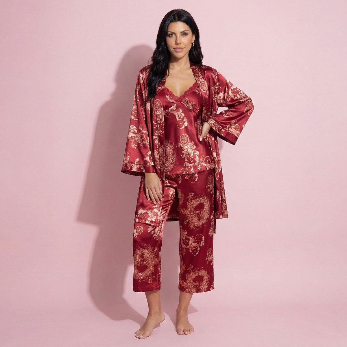 Anna-Kaci Lounge Women's 3-Piece Set Satin Baroque Print Pajama Cami with Matching Robe and Relaxed Straight-Leg Pants