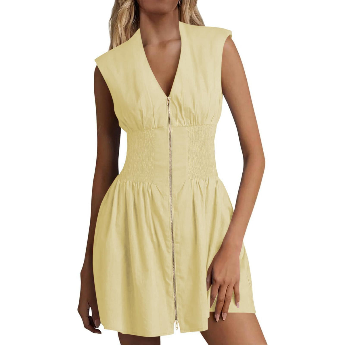 Women's Sleeveless V-Neck Zip Front Mini Dress with Smocked Waist & Pockets