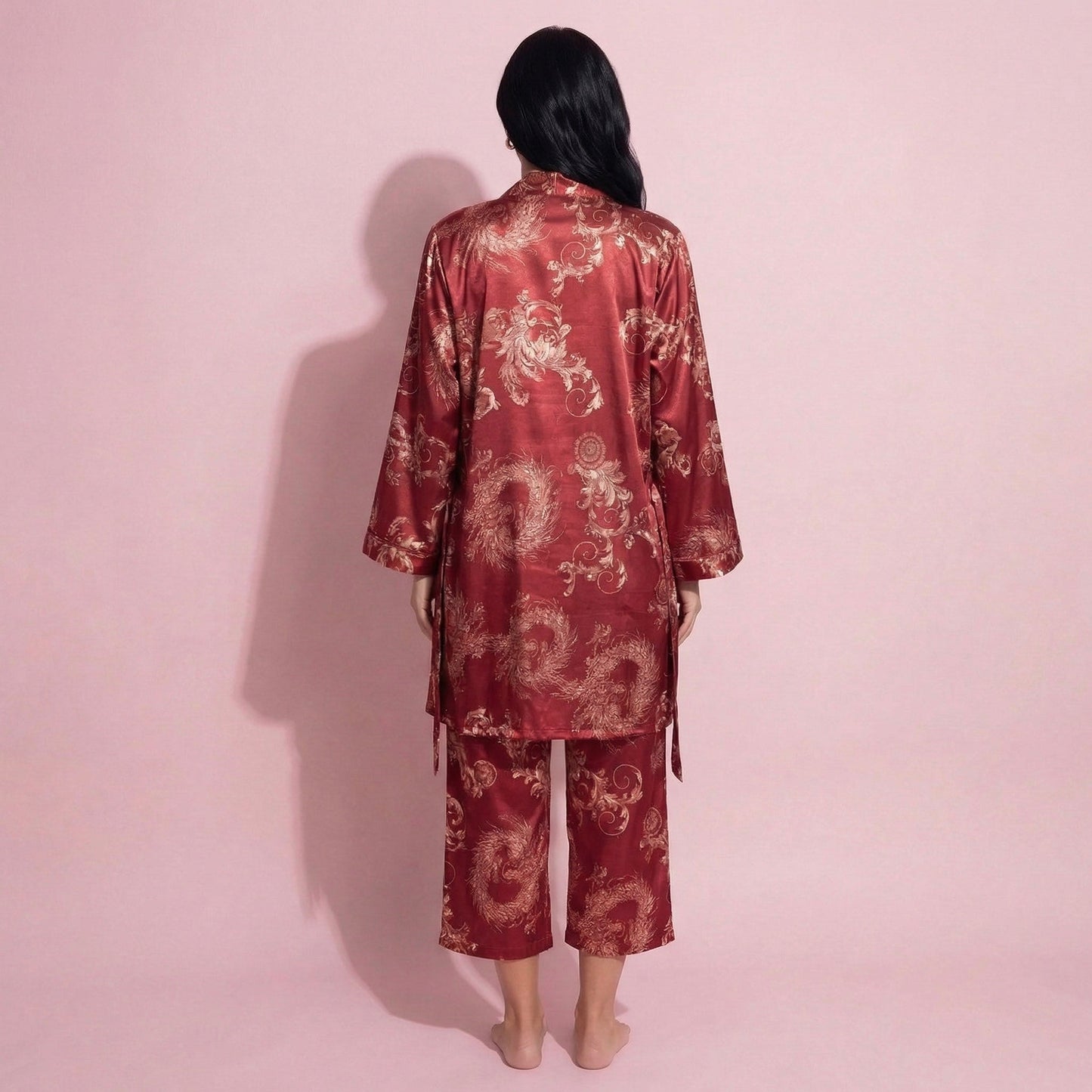 Anna-Kaci Lounge Women's 3-Piece Set Satin Baroque Print Pajama Cami with Matching Robe and Relaxed Straight-Leg Pants